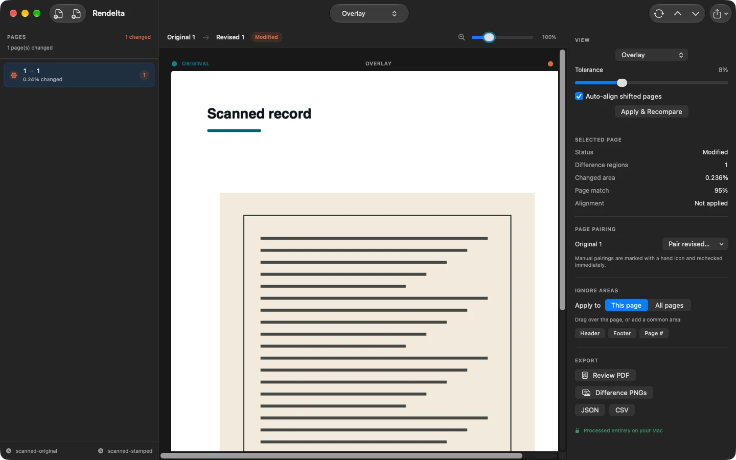 Rendelta finding a visual change in a scanned PDF