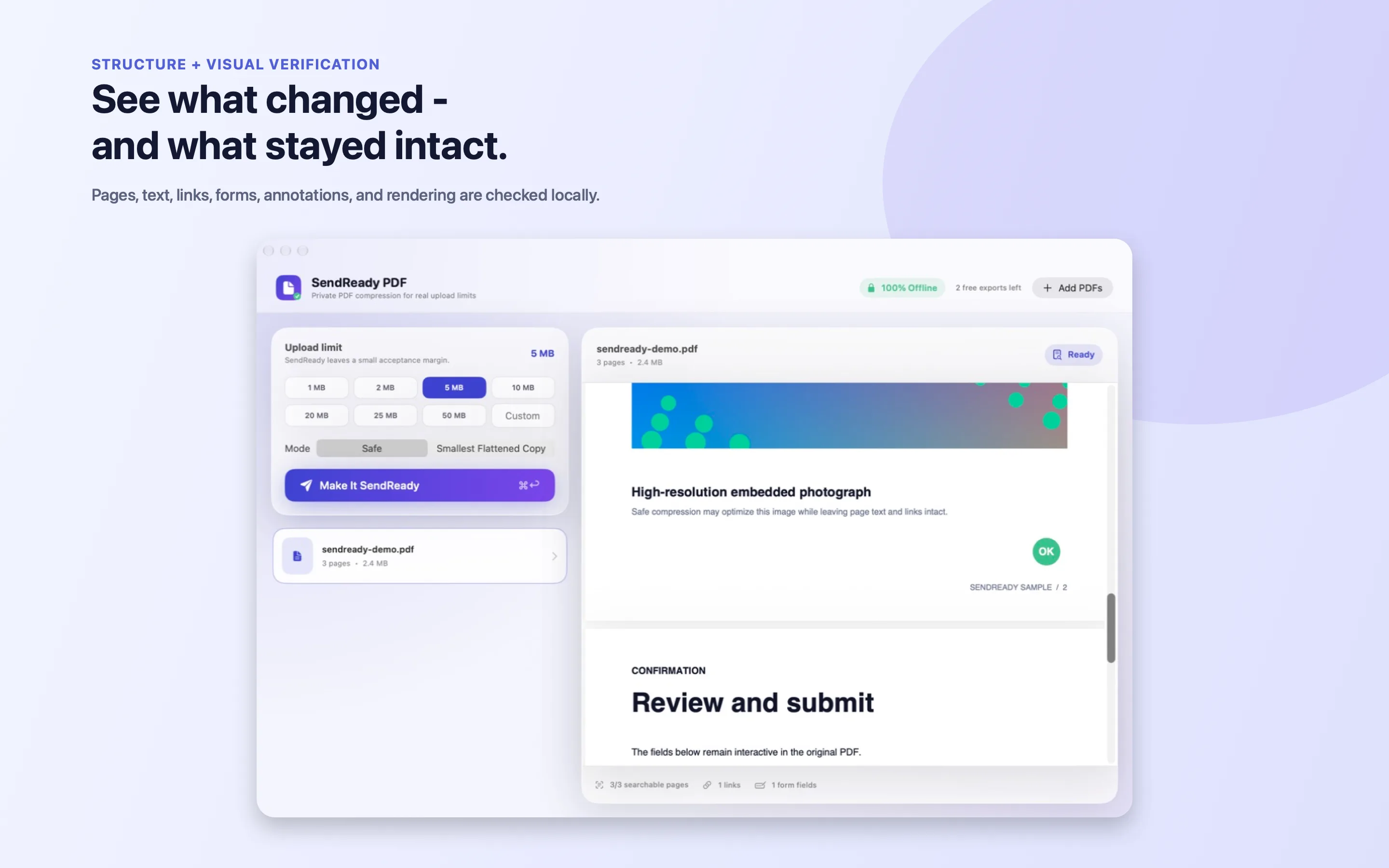 SendReady PDF workspace with exact target presets and document verification